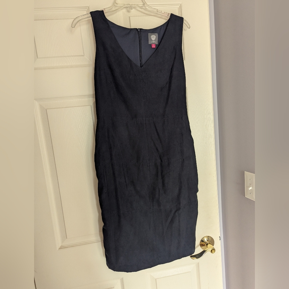 Black Faux Suede Sleeveless V-Neck Sheath Midi Dress